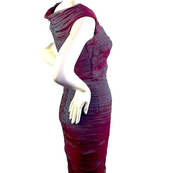 TADASHI Collection Wine & Teal Ruched Chiffon Cocktail Dress Off Shoulder Size 6 - Picture 6 of 16